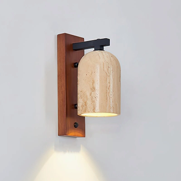 Tersus wall sconce in beige travertine and walnut with blackened metal accents, side-angle view