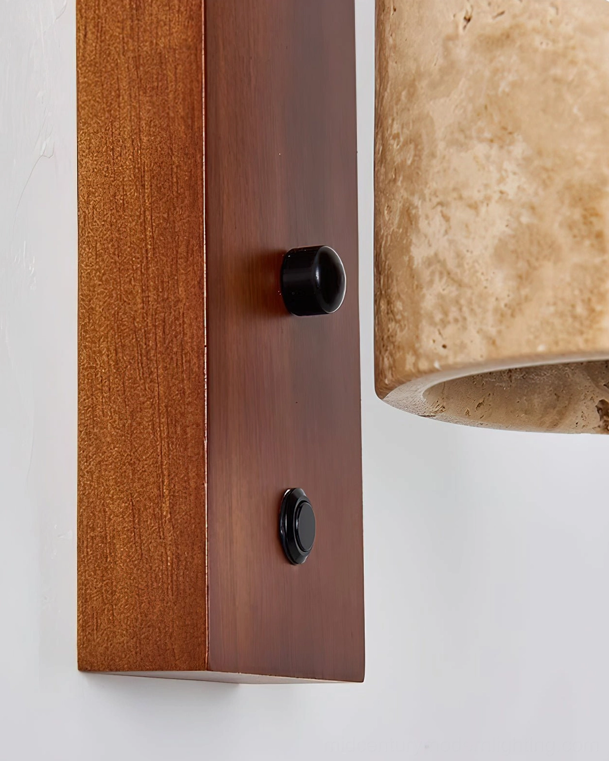 Tersus wall lamp walnut wood base mounting plate with blackened hardware detail