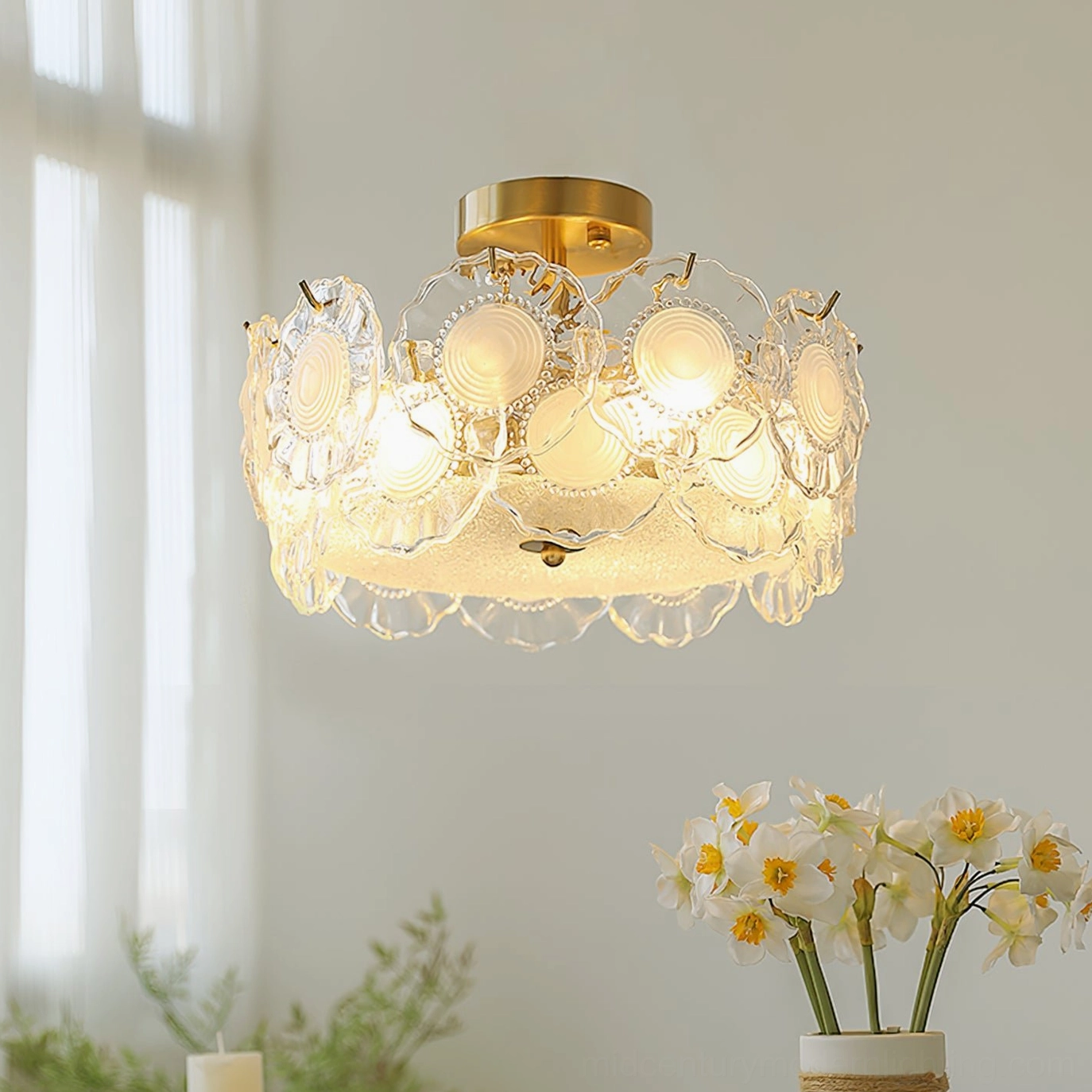 Brass finish textured glass ceiling lamp showing complete fixture design and light diffusion effect
