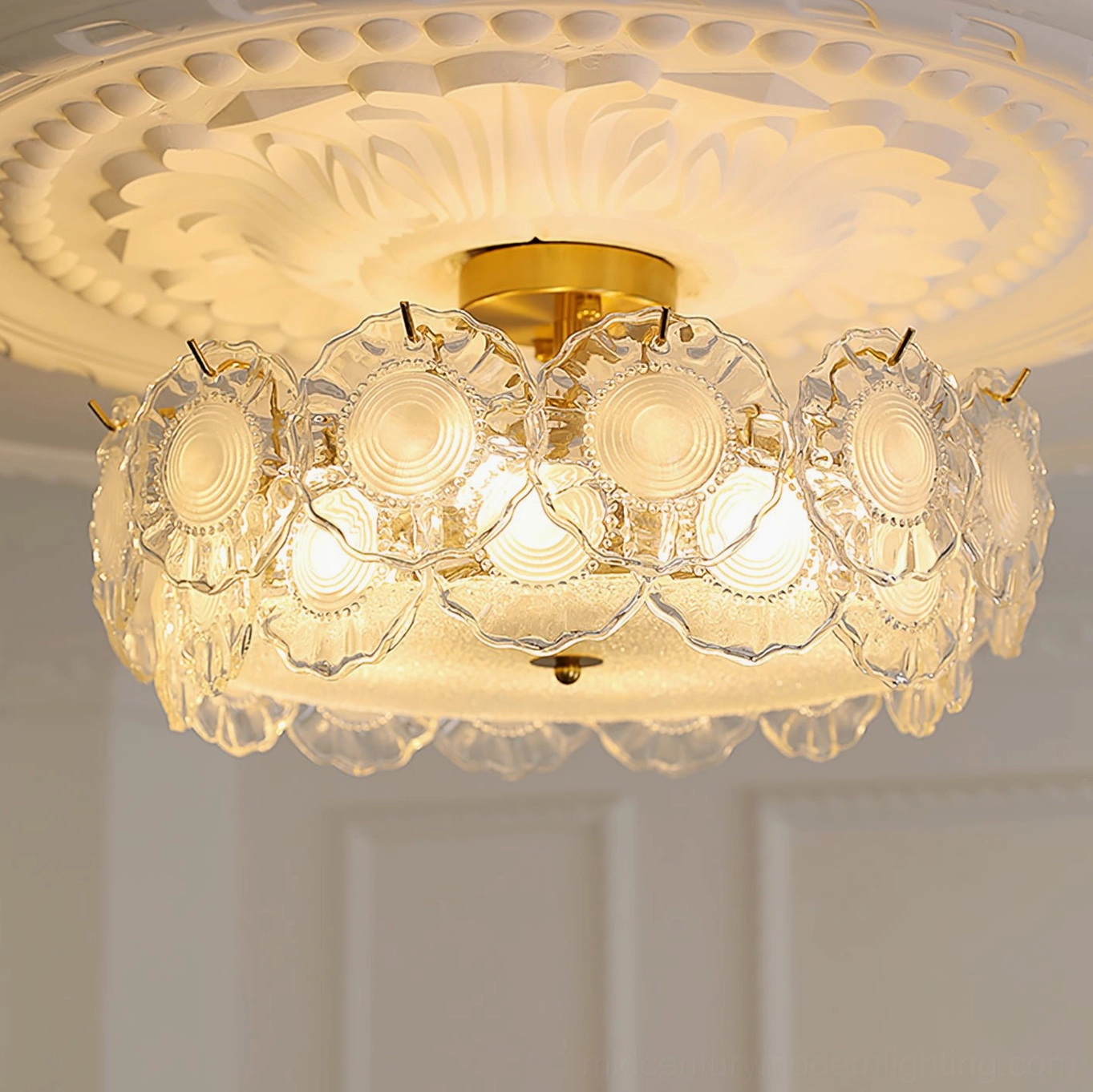 Textured glass ceiling lamp mounted showing installation perspective and embossed glass shade design