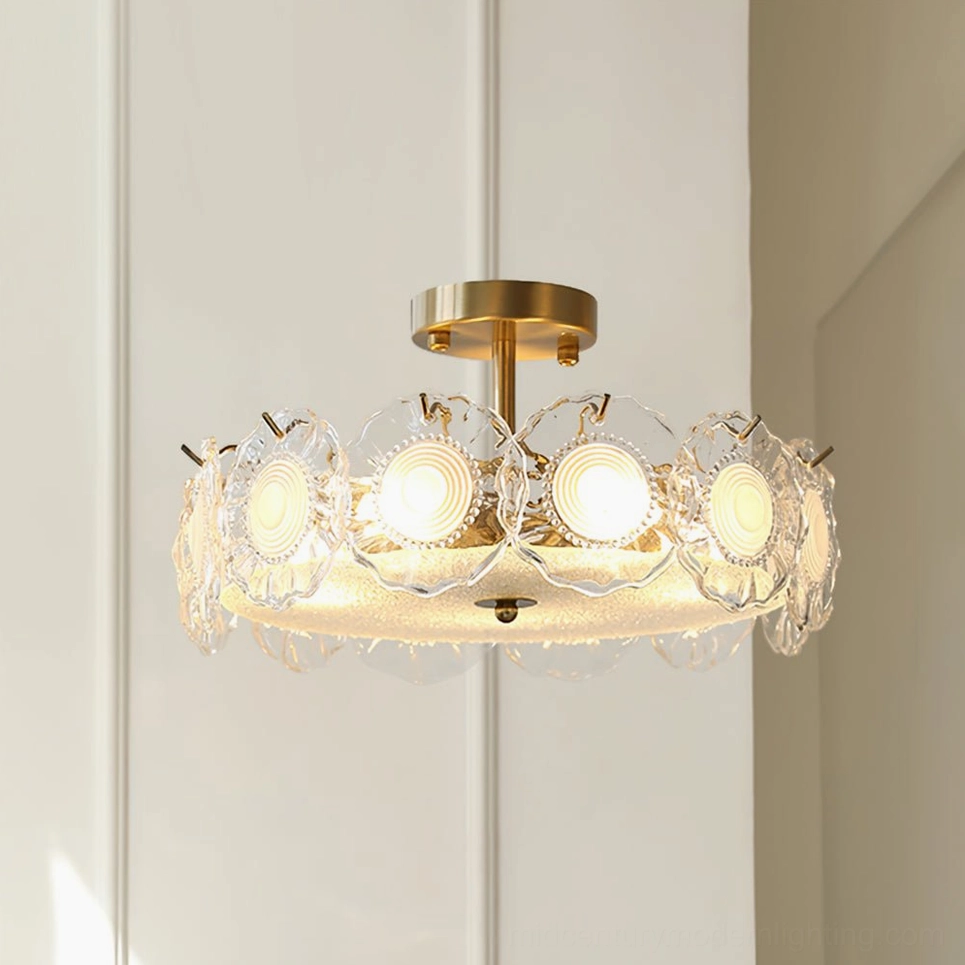 Modern minimalist setting with textured glass ceiling lamp creating soft diffused ambient lighting