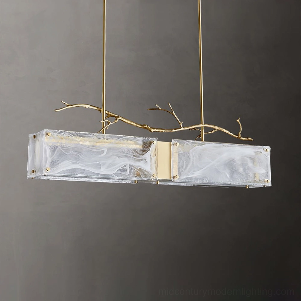 Thalassa dual rectangular marbled glass pendant light flat overhead product view showing gold metal branch hardware on studio background