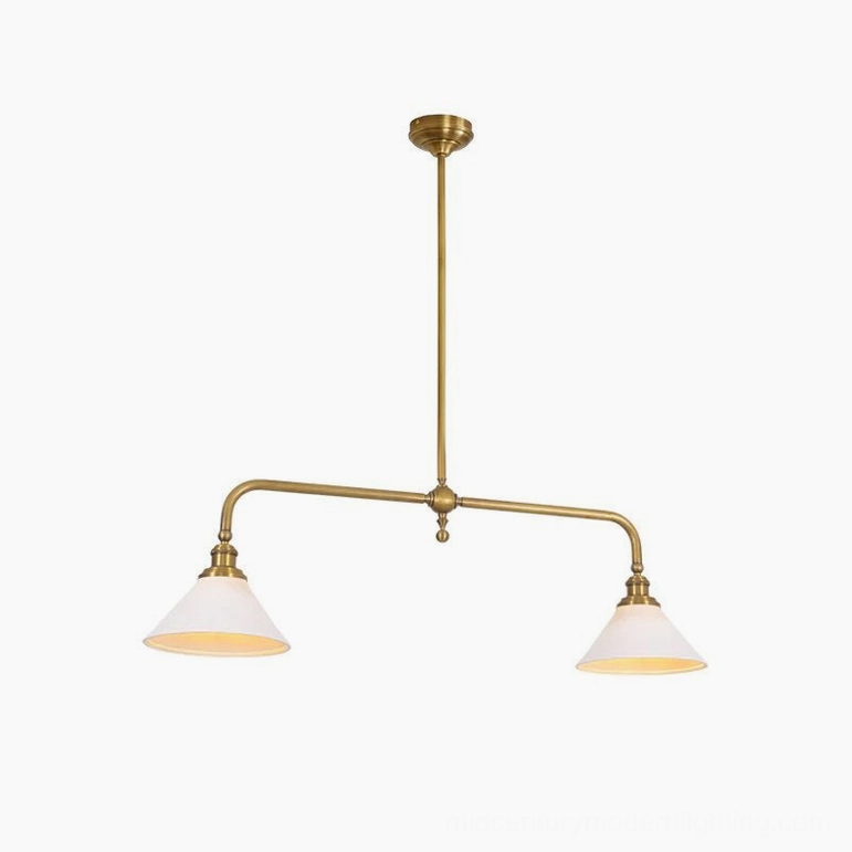 Theron brass chandelier 40.1-inch model with ceramic white shades, demonstrating compact mid-century modern fixture for standard ceiling heights