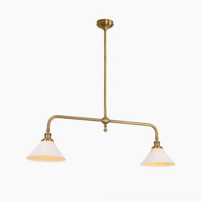 Theron extended 47.2-inch brass chandelier with ceramic white shades, showcasing elegant linear design for contemporary farmhouse and modern interiors