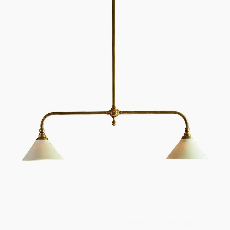Theron two-light linear chandelier studio view with extended suspension rod, showing antique brass frame and off-white conical shade configuration