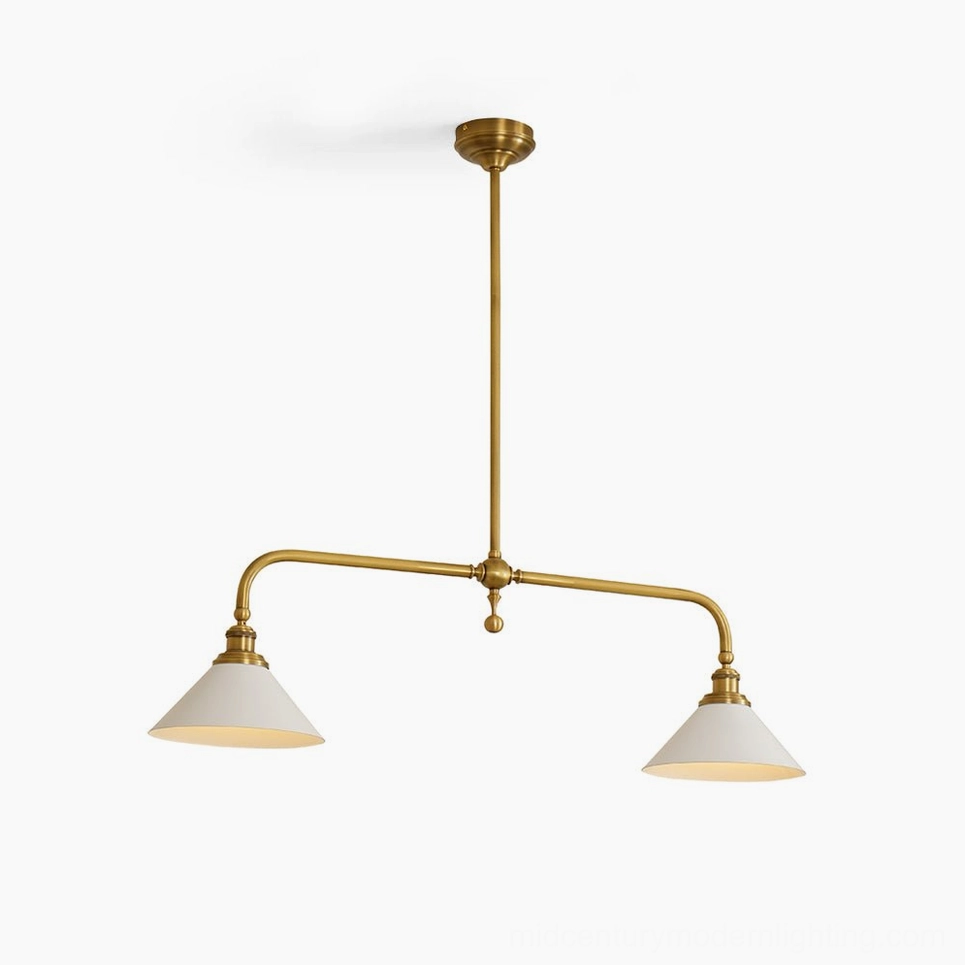 Theron mid-century brass chandelier with dual conical white shades, frontal studio view showcasing symmetrical linear design and brushed brass finish
