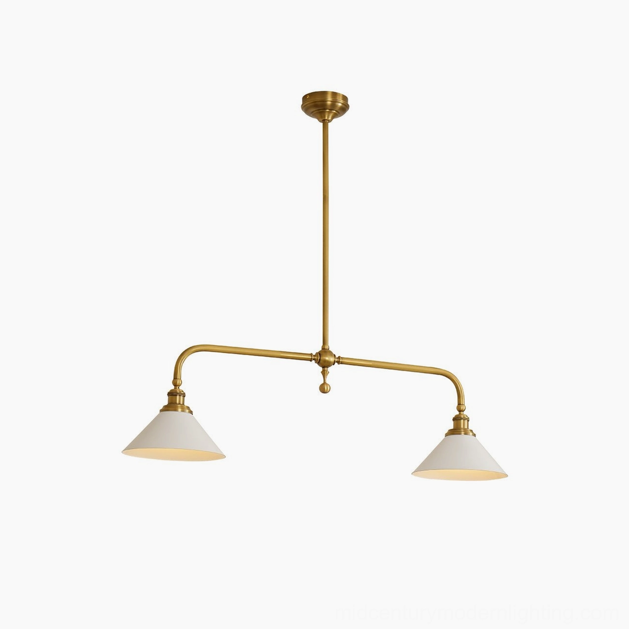 Compact dual-arm Theron brass chandelier with slightly tapered off-white conical shades, warm brass frame in neutral studio environment