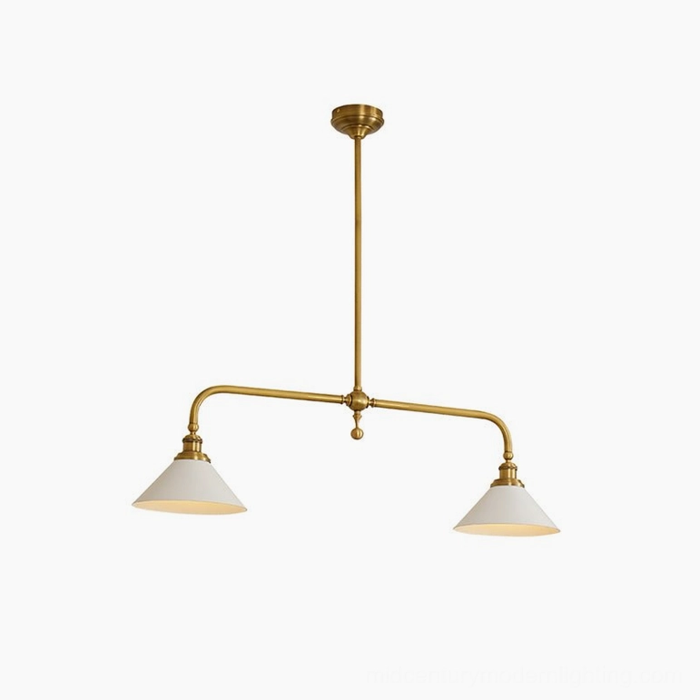 Compact 40.1-inch Theron brass chandelier with white ceramic shades, suitable for smaller kitchen islands and dining spaces