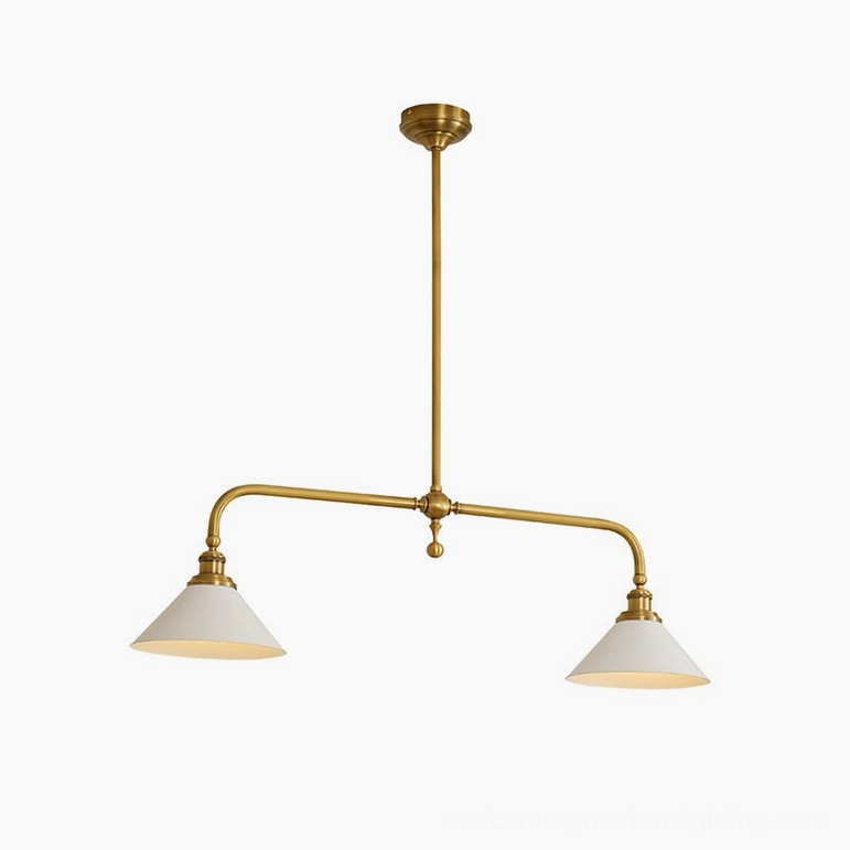 Extended 47.2-inch Theron brass chandelier with white aluminum shades, ideal for larger kitchen islands and expansive dining tables