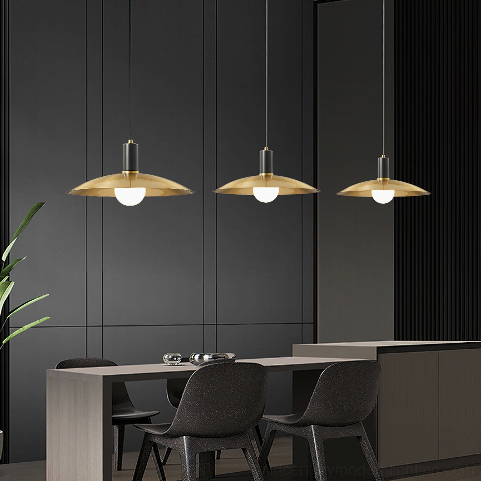 Set of three Aplomb pendant lights hung over modern dining bar area, minimalist home decor