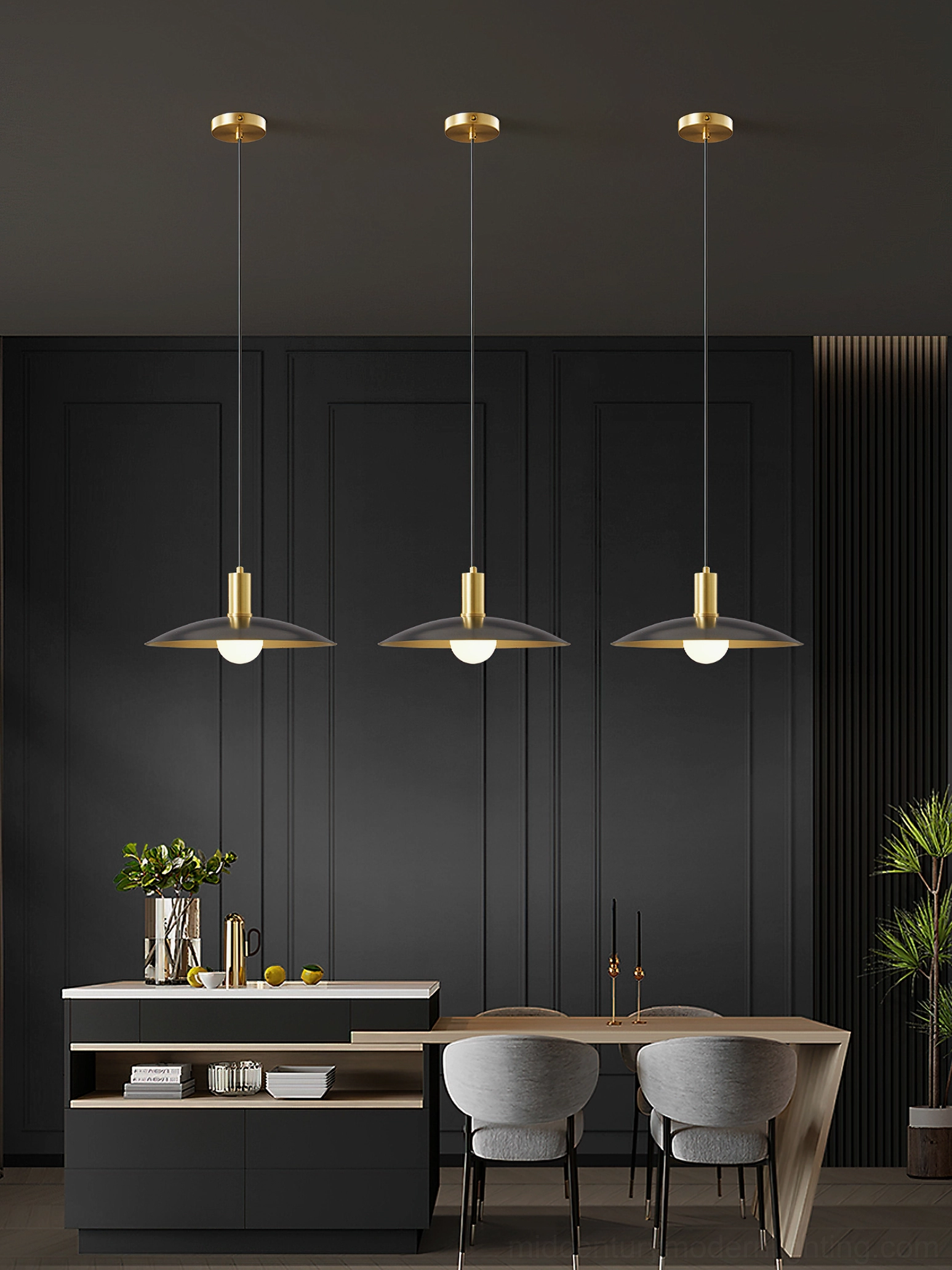 Three Aplomb pendant lights in modern dining room with cabinetry, cohesive minimalist luxury