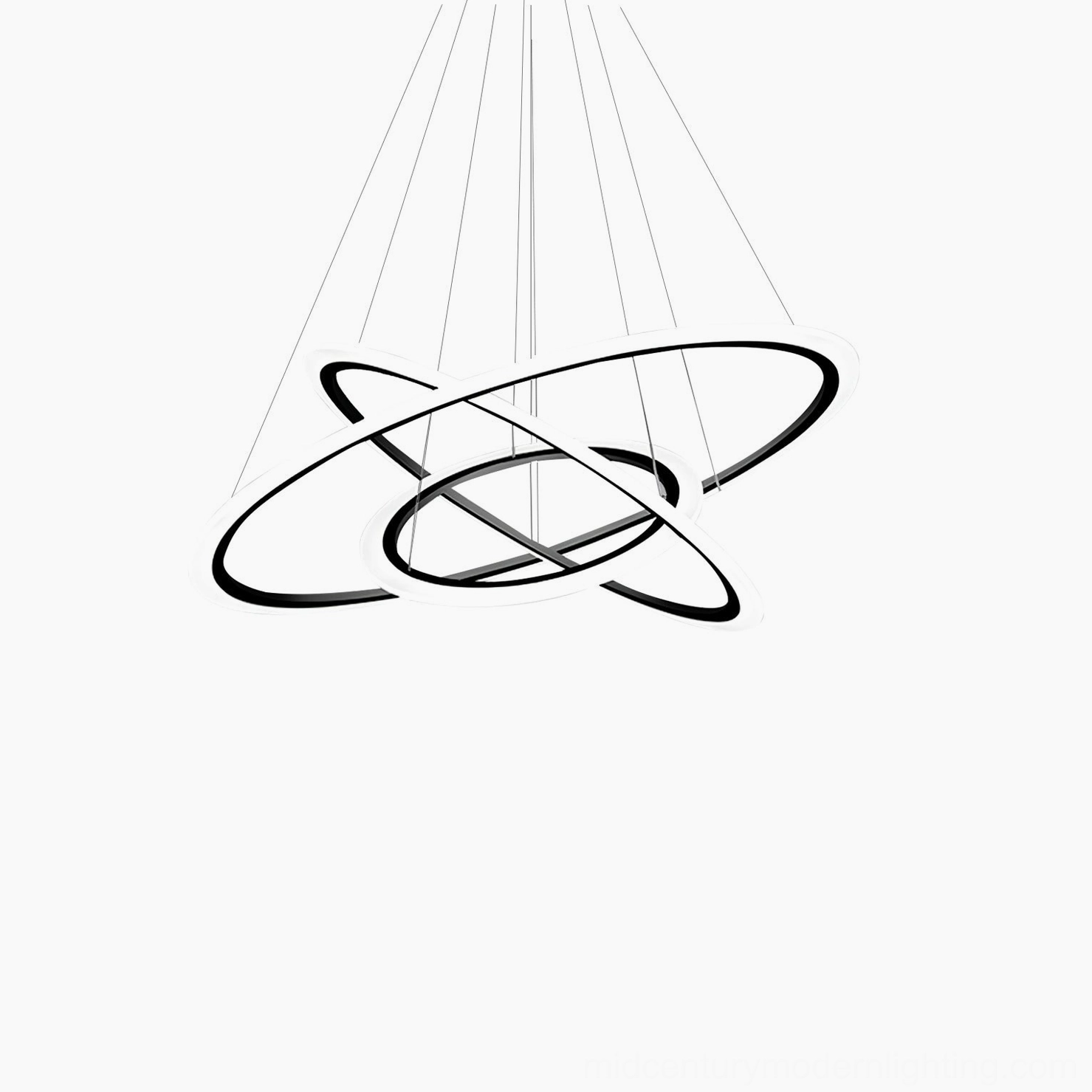 Artistic view of three-color LED ring chandelier featuring hand-assembled acrylic diffusers and suspension system