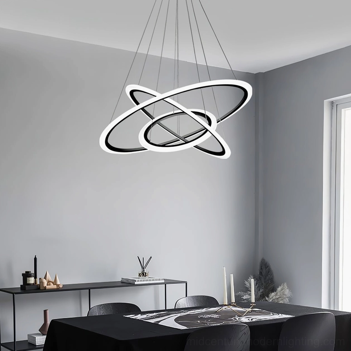 Mid-century modern three-tier ring chandelier with three-color LED technology for contemporary home lighting