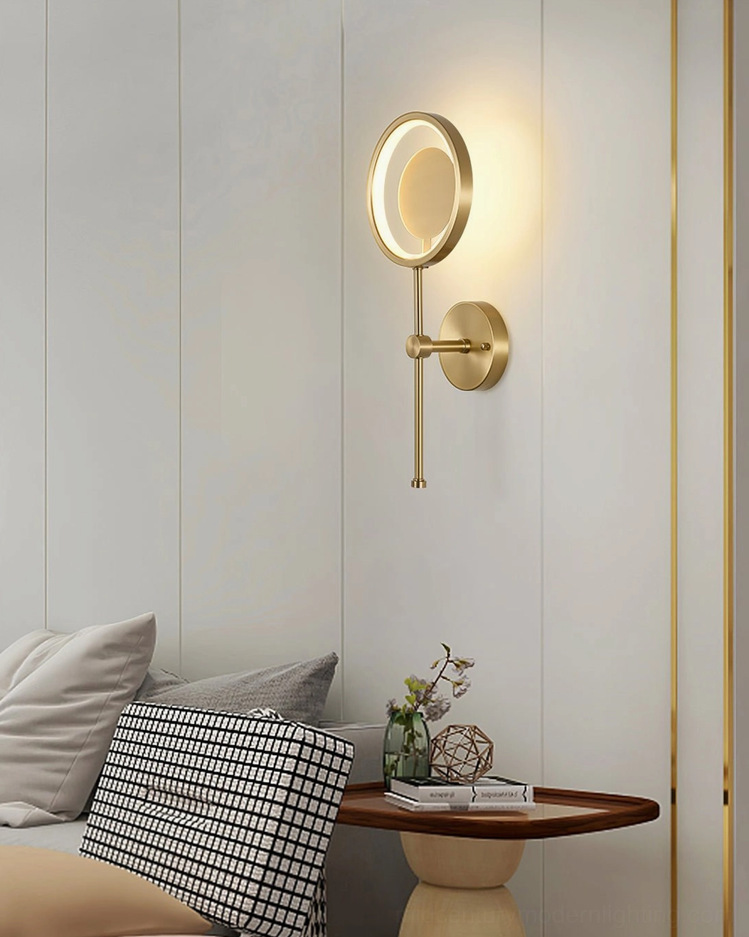Installation view of three-color changing LED ring wall lamp with standard wall switch control