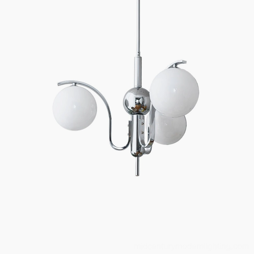 3-head compact glass globe chandelier with white frosted shades and chrome finish