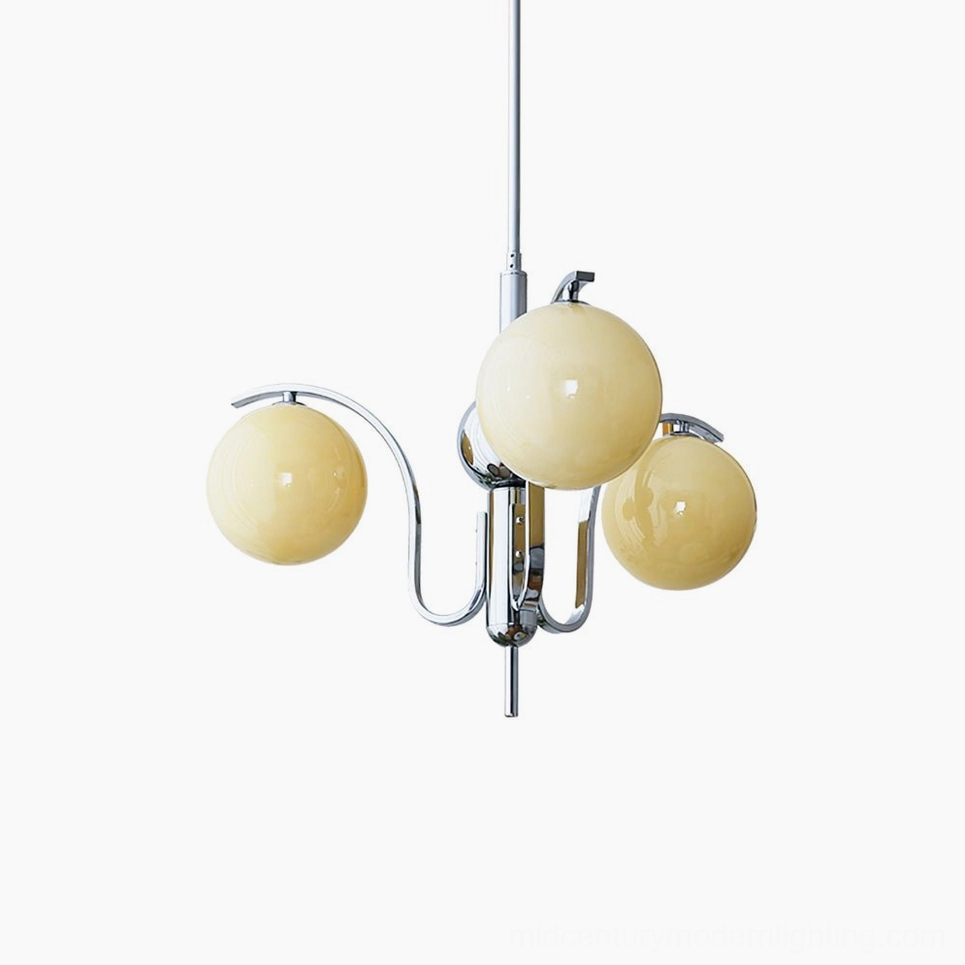 3-head glass globe chandelier compact size with beige glass shades and minimalist chrome design
