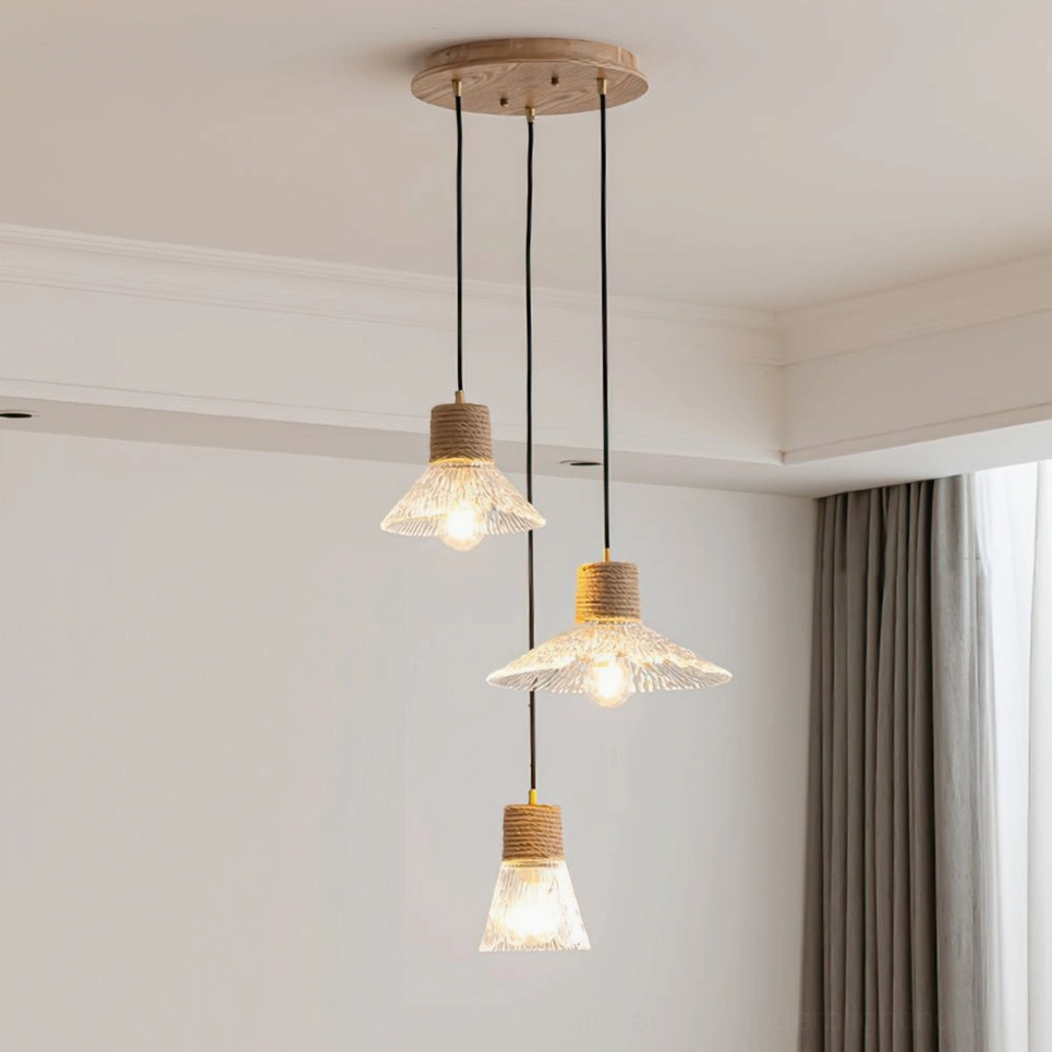 Three-head round canopy hemp rope glass pendant cluster, circular mount configuration for dining room installation