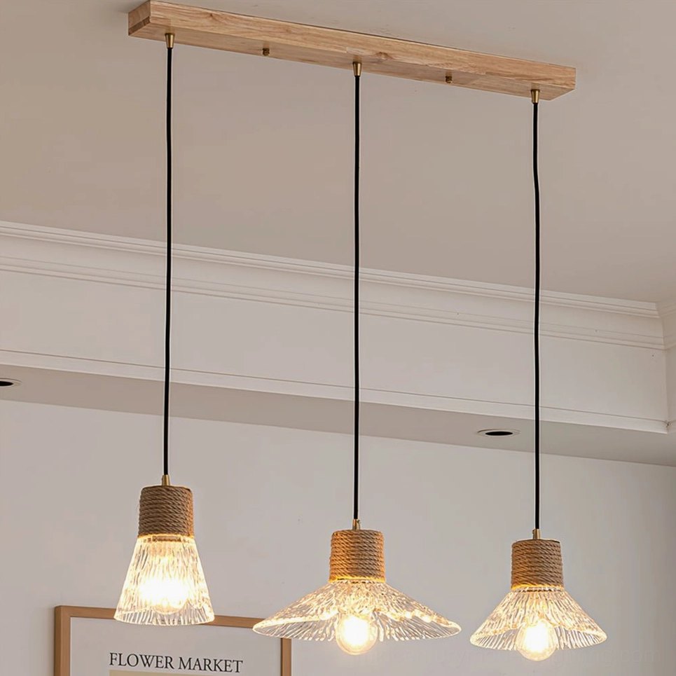 Three-head hemp rope glass pendant cluster with square canopy, linear dining room installation and ambient lighting