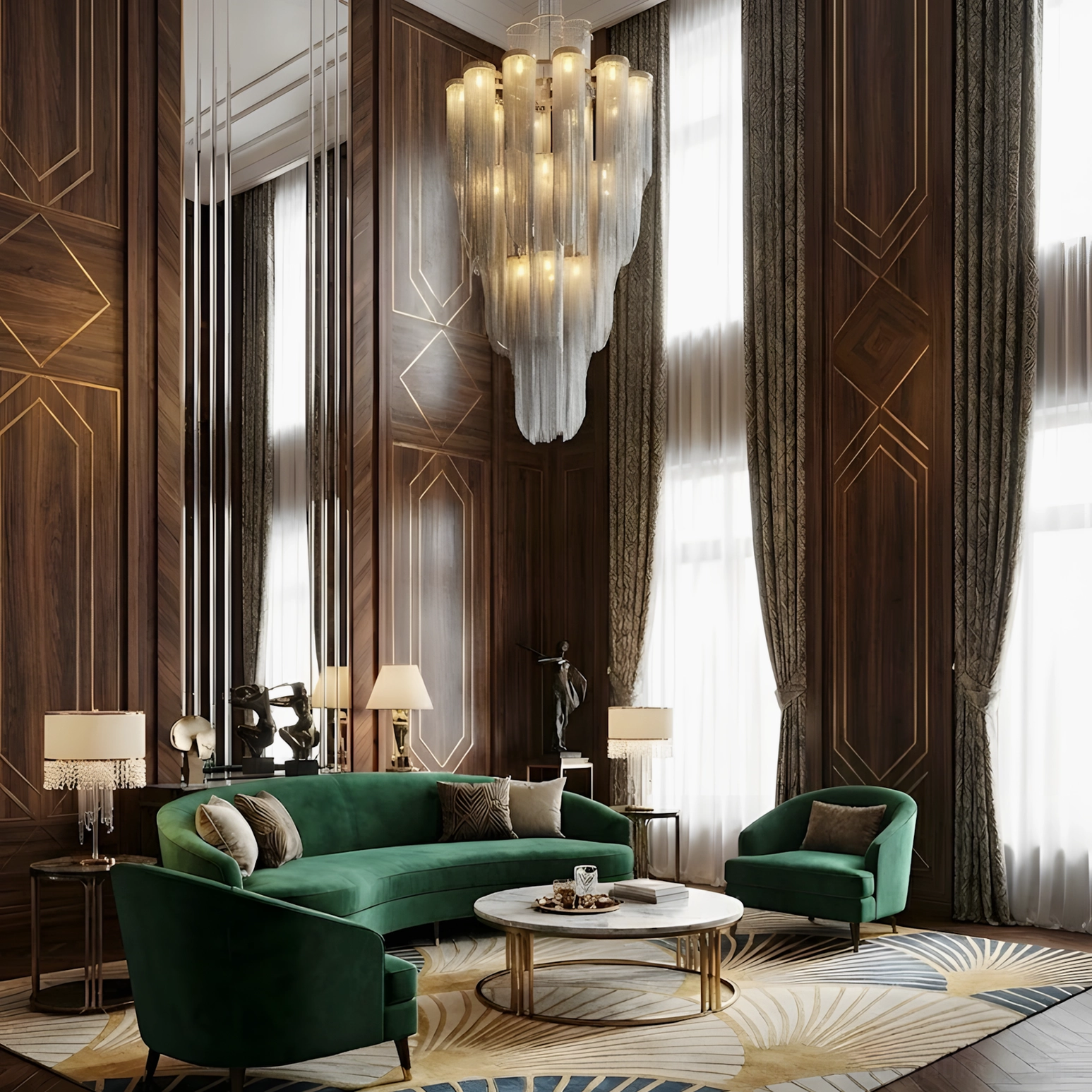 Tiered crystal chandelier suspended in art deco luxury interior with dark wood paneling