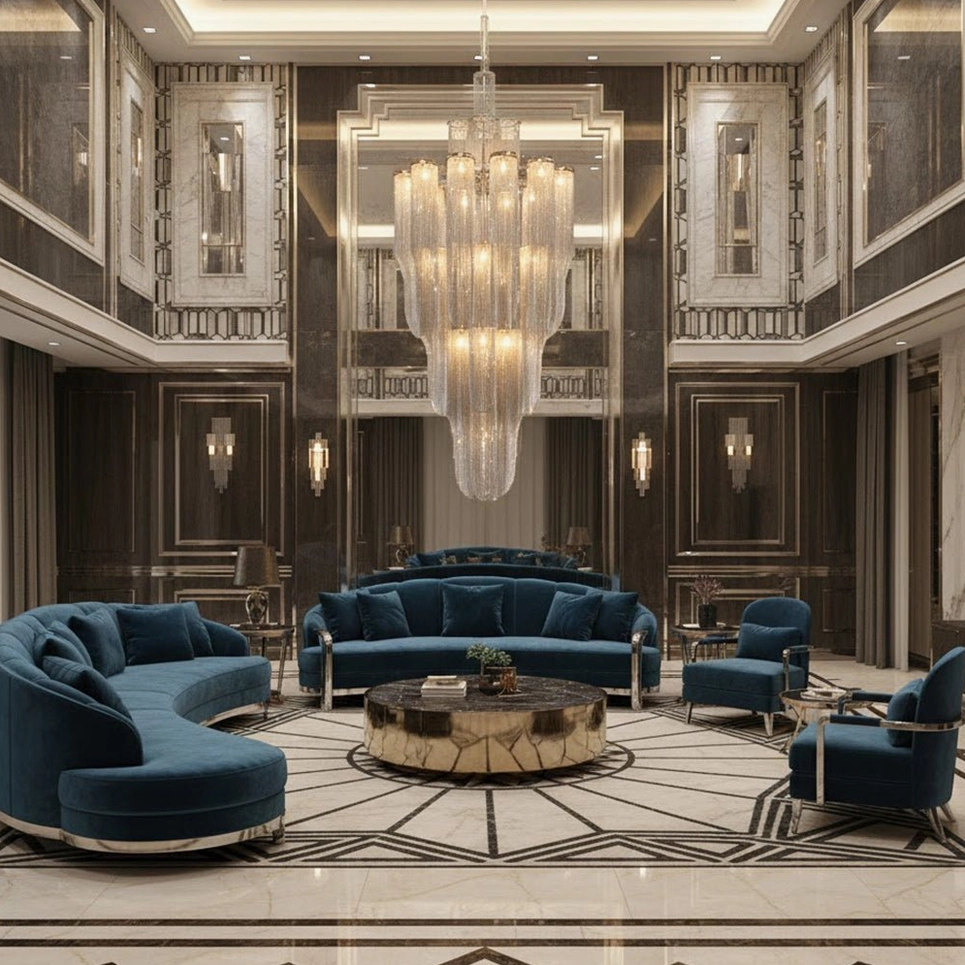 Oversized tiered crystal chandelier overhead view in grand duplex neoclassical luxury living room