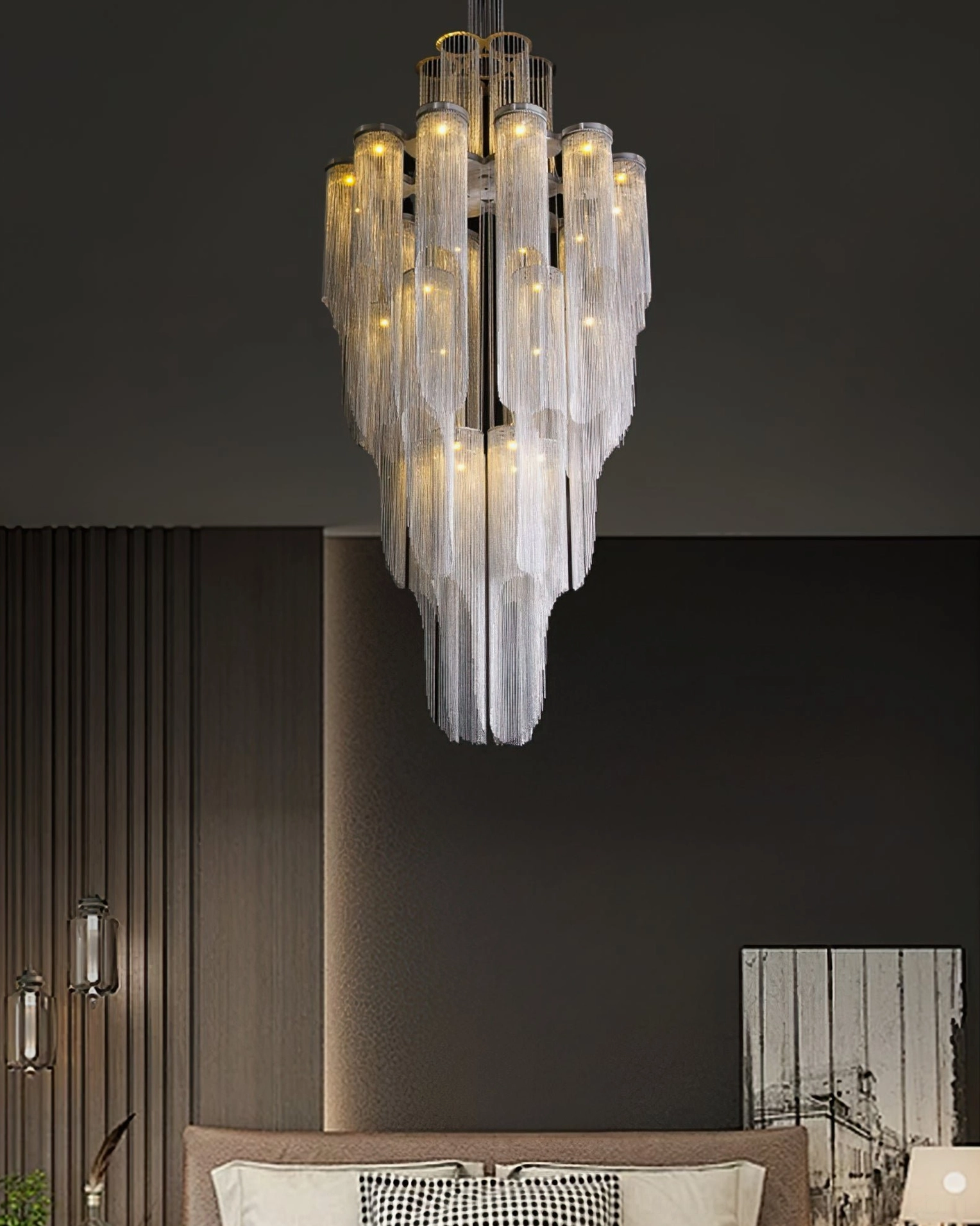 Modern luxury tiered chandelier suspension detail and mounting configuration