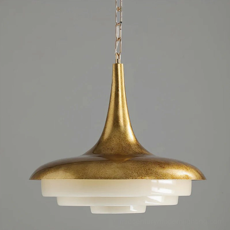 Front close-up of tiered pendant lamp showing metal suspension chain and brushed brass finish