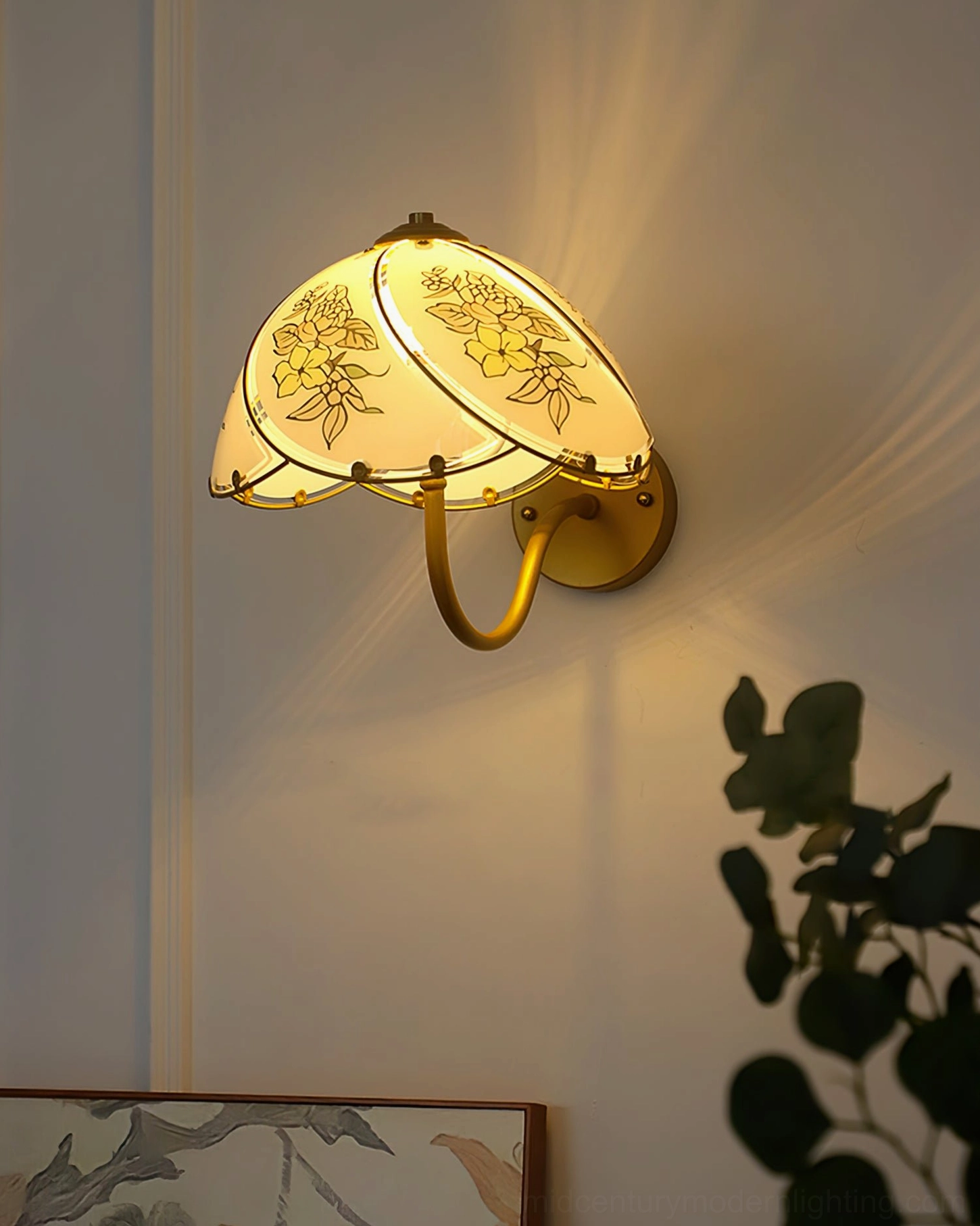 Close-up of Tiffany Lily Wall Sconce showing detailed floral glass pattern and soft light diffusion