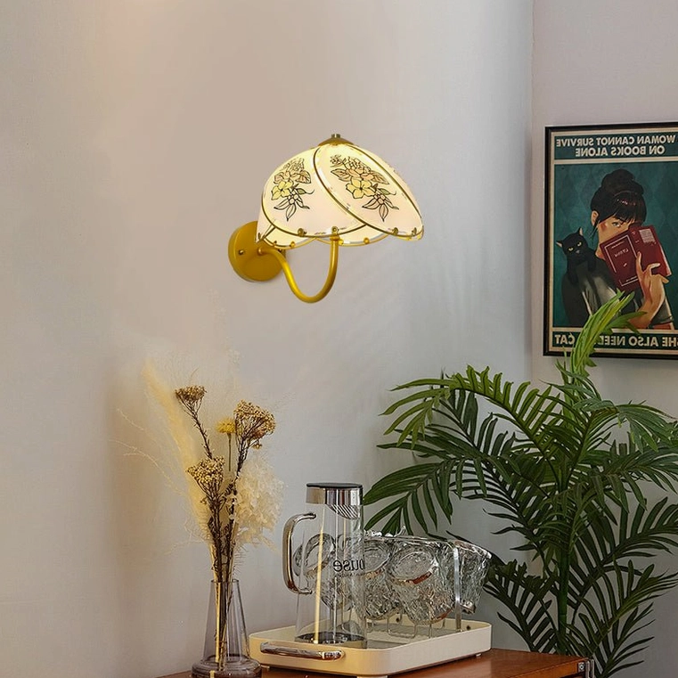 Tiffany Lily Wall Sconce installed in vintage-inspired living room corner with plants and decor