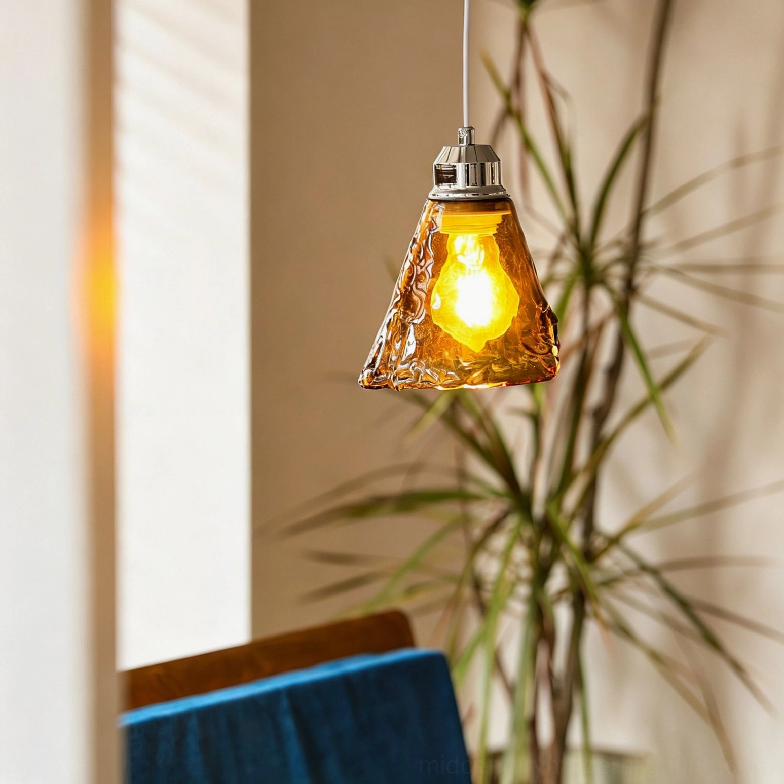 Tiro amber glass pendant light in dining corner showing textured brown-tinted glass shade and warm ambient lighting