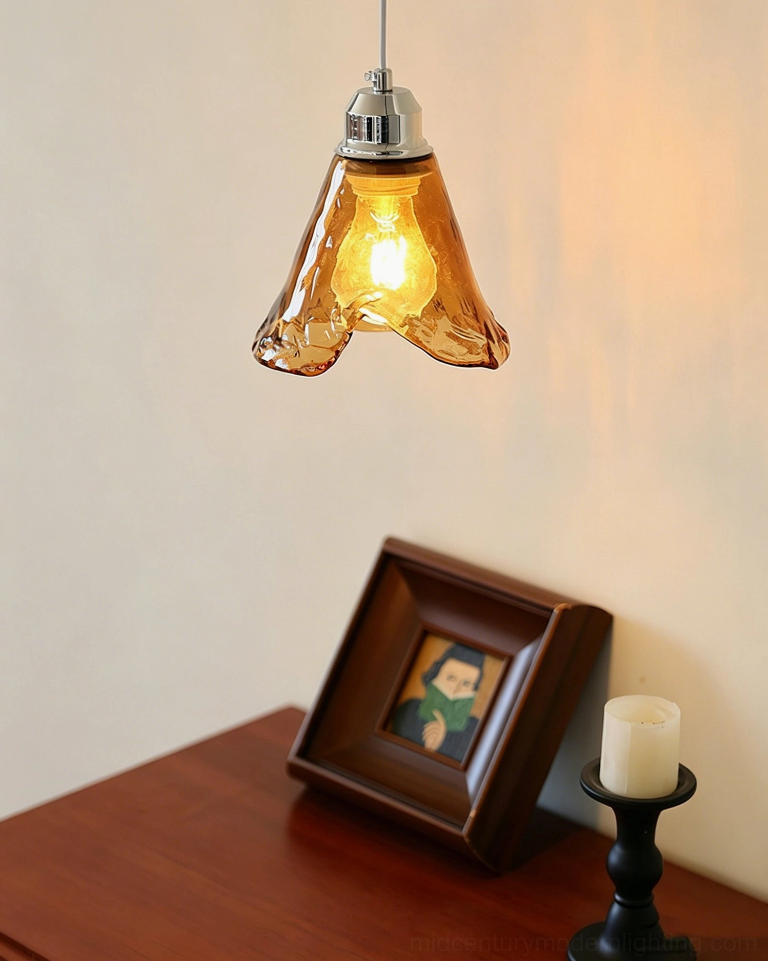 Tiro glass pendant light low angle view on wooden table, mid-century rustic home decor style