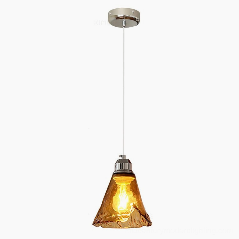 Tiro single-head amber glass pendant light, hand-blown shade with industrial chrome metal frame and fixture