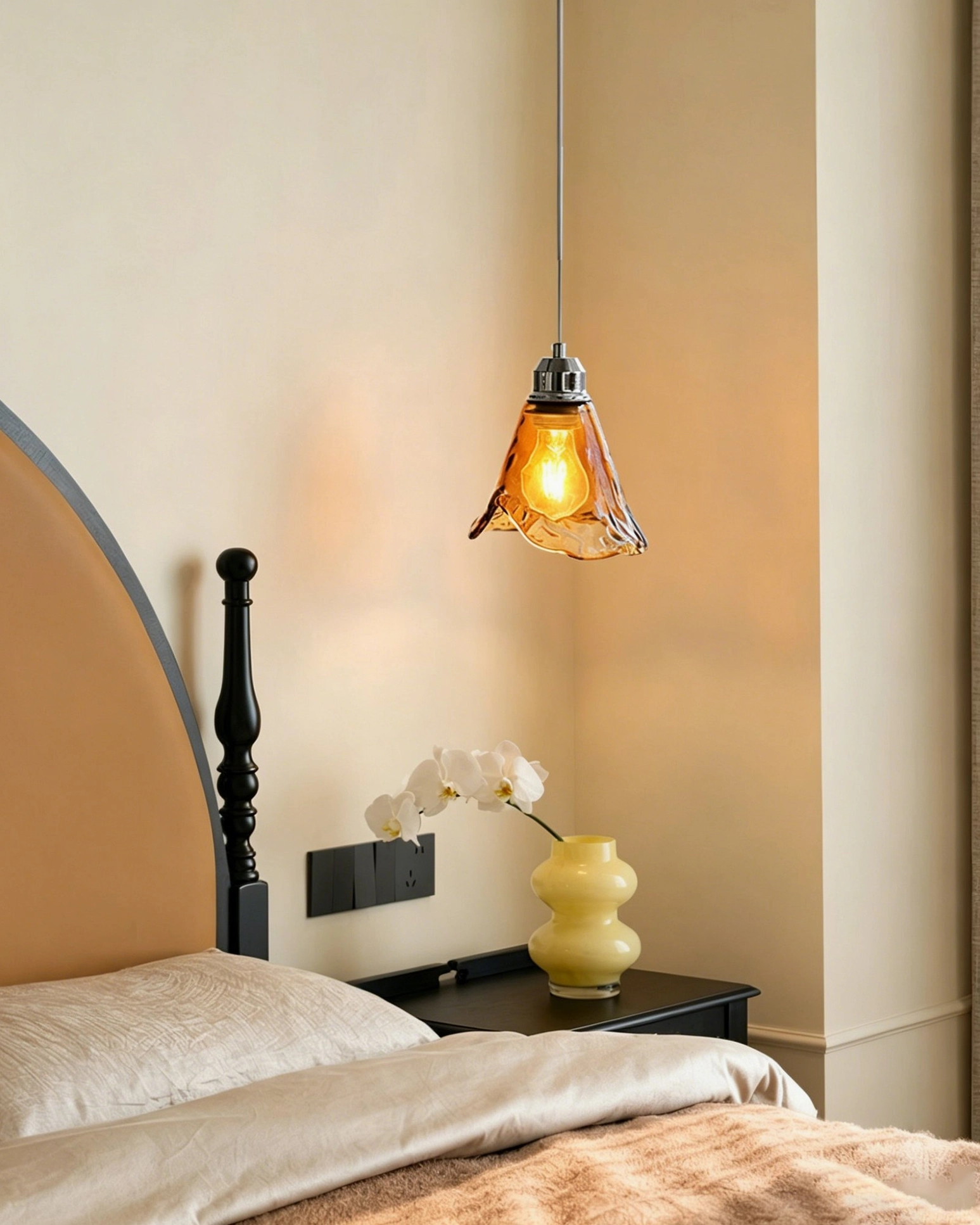 Tiro amber glass pendant light in cozy vintage bedroom setting, rustic retro home decor style