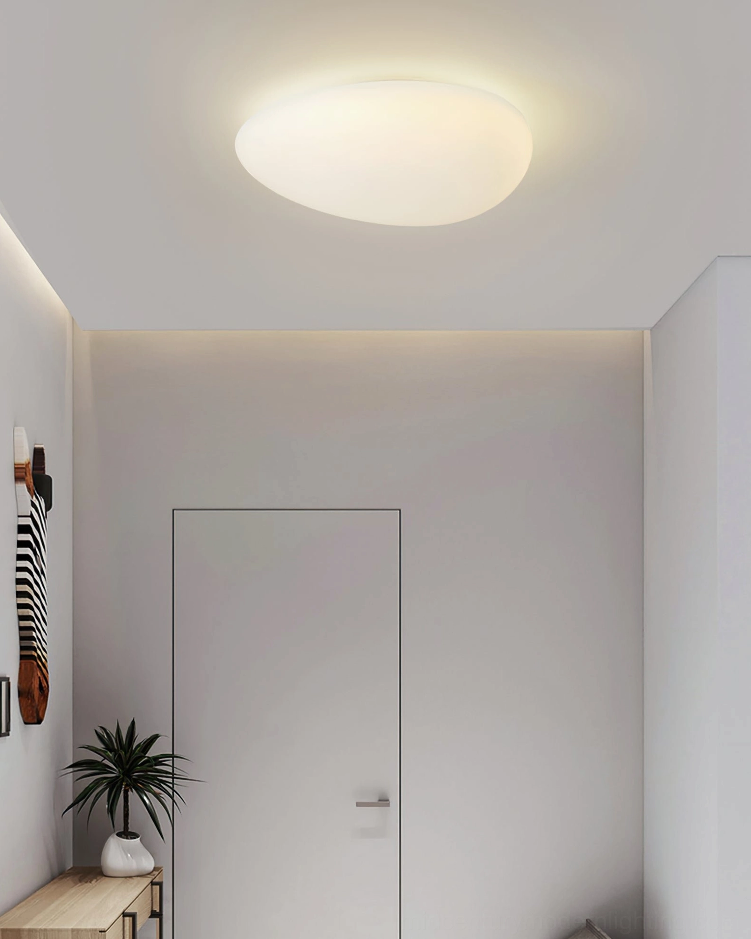 Toan flush mount LED ceiling light in minimalist corridor with plant and wall decor, soft warm lighting