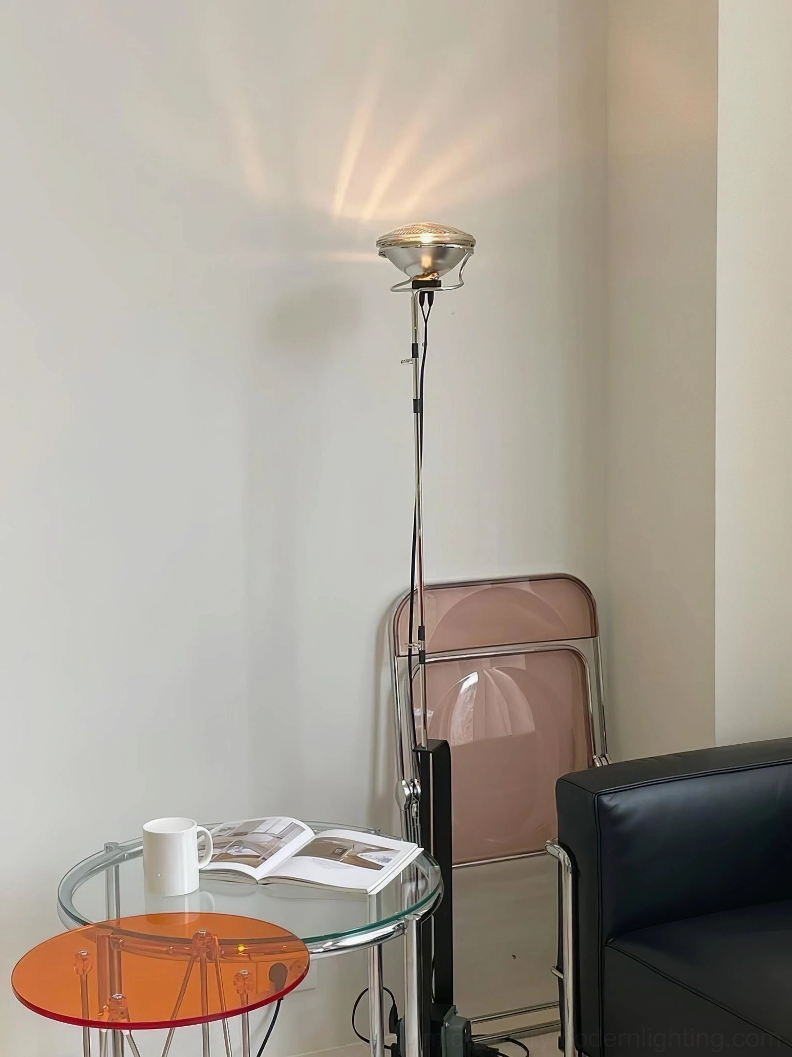 Toio floor lamp mid-century modern living room with glass side table and lounge seating