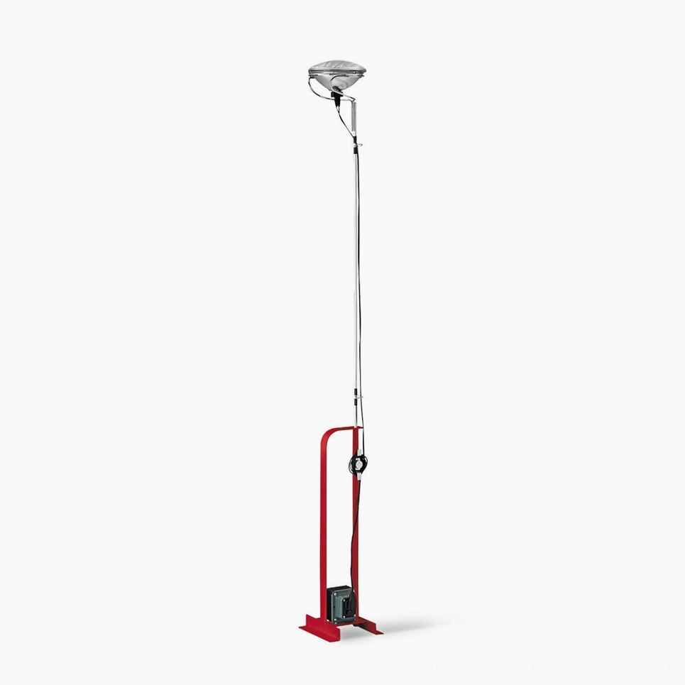 Toio red floor lamp studio front view with chrome lamp head and exposed wiring