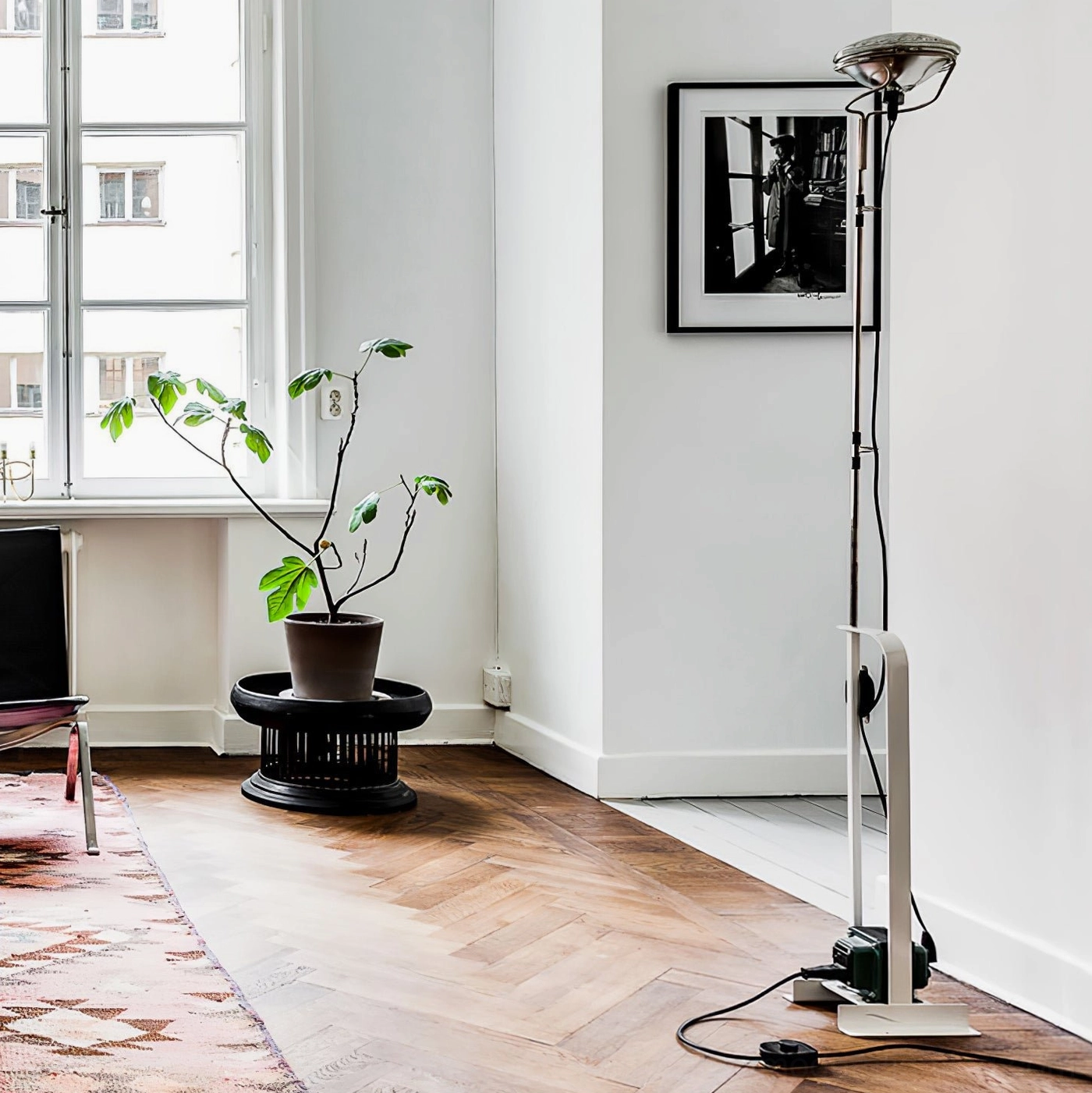Toio white modern floor lamp apartment living room with potted plant and contemporary furnishings