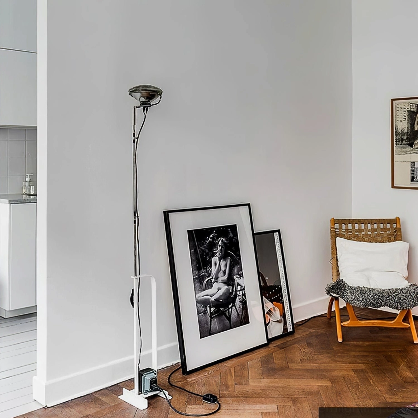 Toio white Scandinavian floor lamp minimalist living room corner with art prints