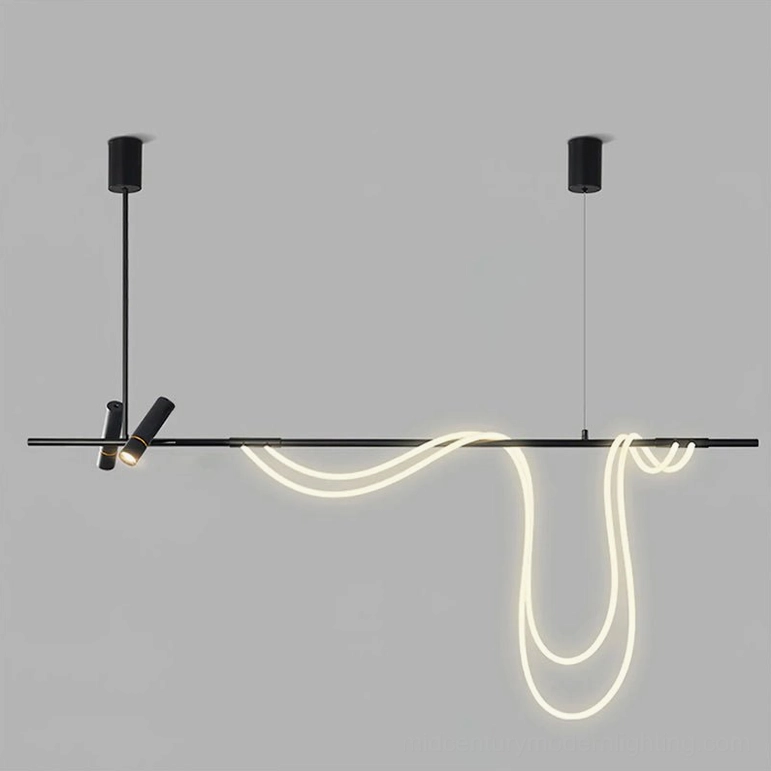 Tracer 120cm linear pendant chandelier with integrated warm LED neon light matte black metal frame