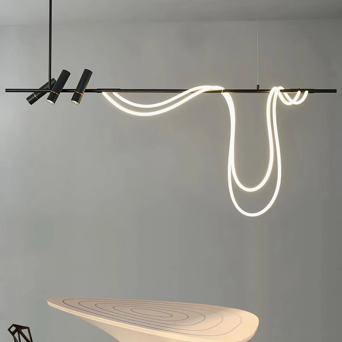 Tracer linear LED chandelier architectural detail showing curved neon and metal framework structure