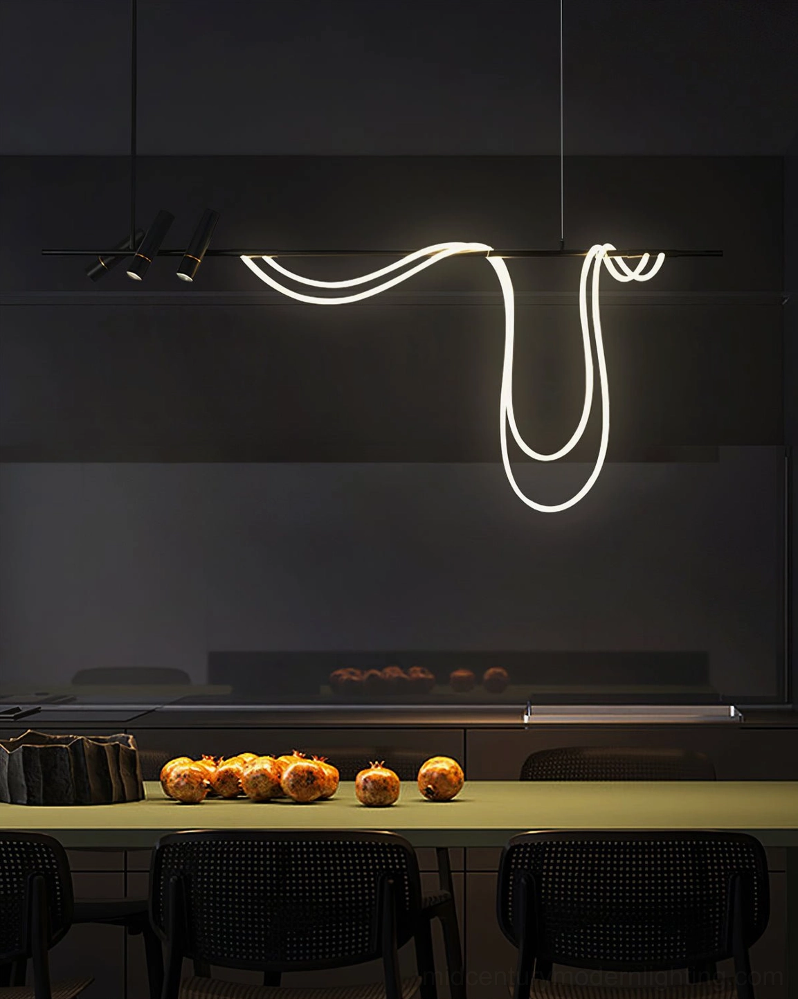 Tracer curved LED chandelier suspended in dark luxury dining room with warm white neon illumination