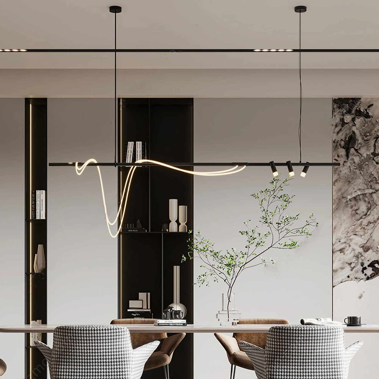 Modern linear chandelier overhead view in minimalist dark luxury dining room with matte black finish