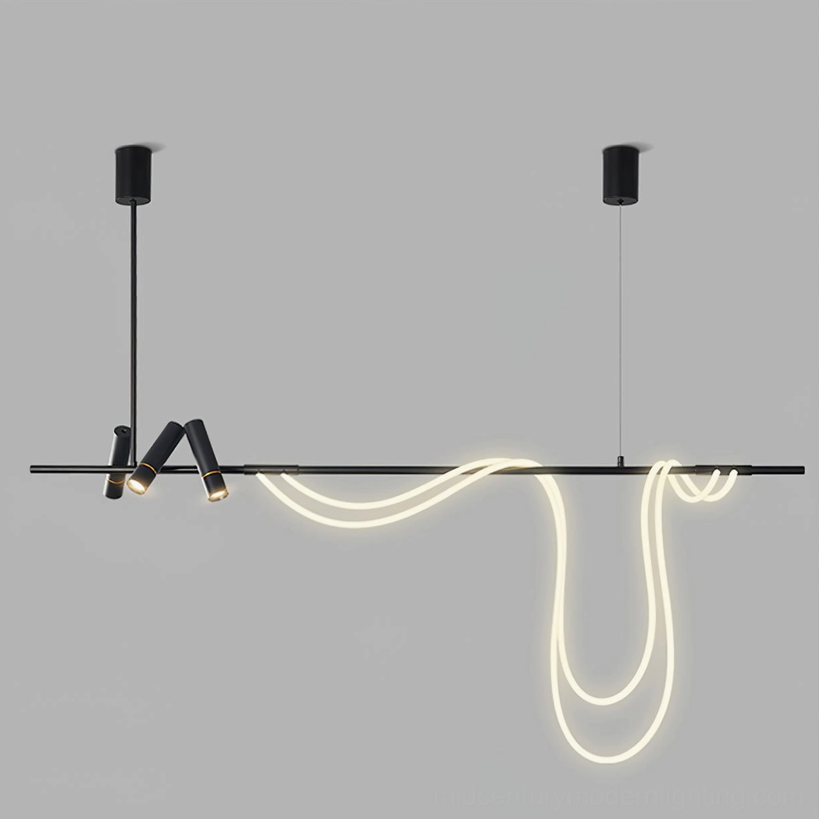 Modern curved LED chandelier detail showing matte black hardware and glowing white neon line on gray background