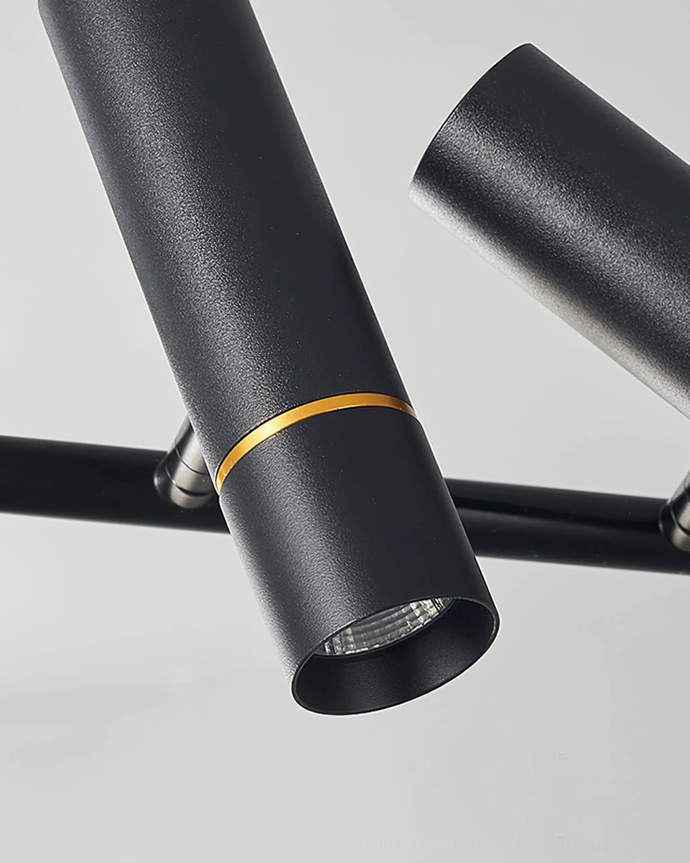 Close-up macro view of spotlight fixture with matte black finish and gold decorative ring detail