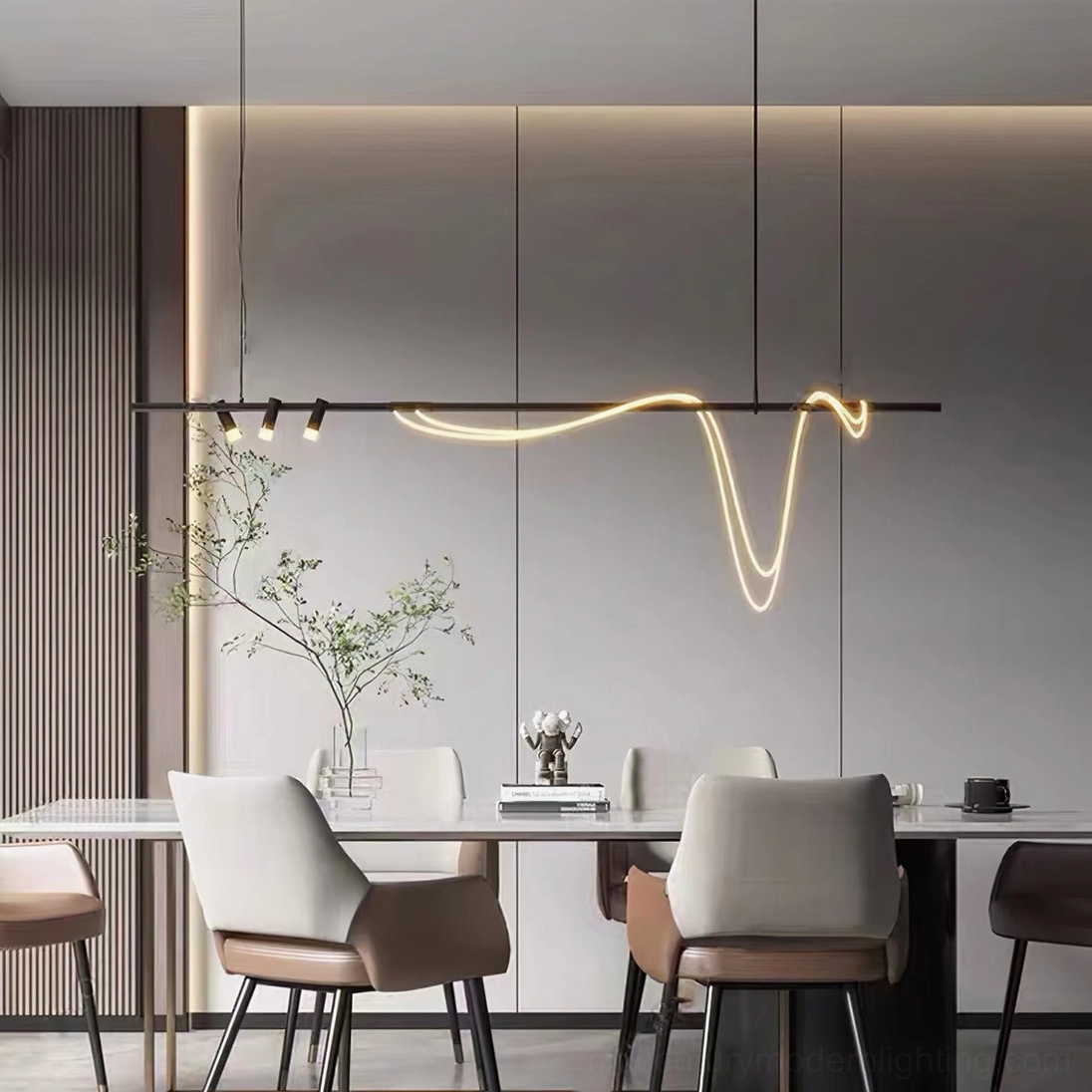 Contemporary curved LED pendant light with flowing warm white neon in bright minimalist dining room