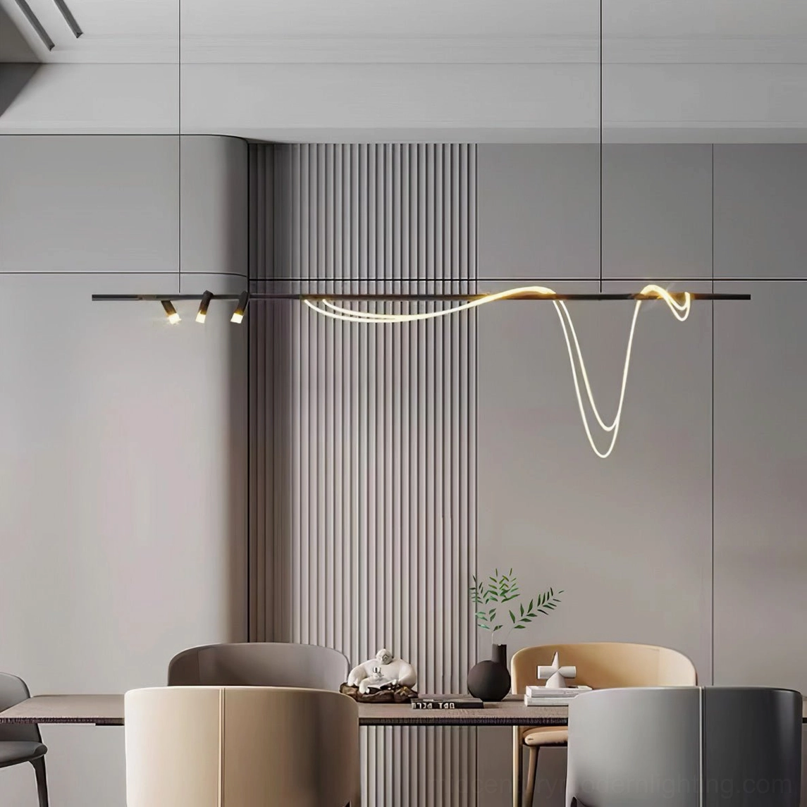 Modern curved pendant chandelier with integrated LED technology suspended in contemporary living space
