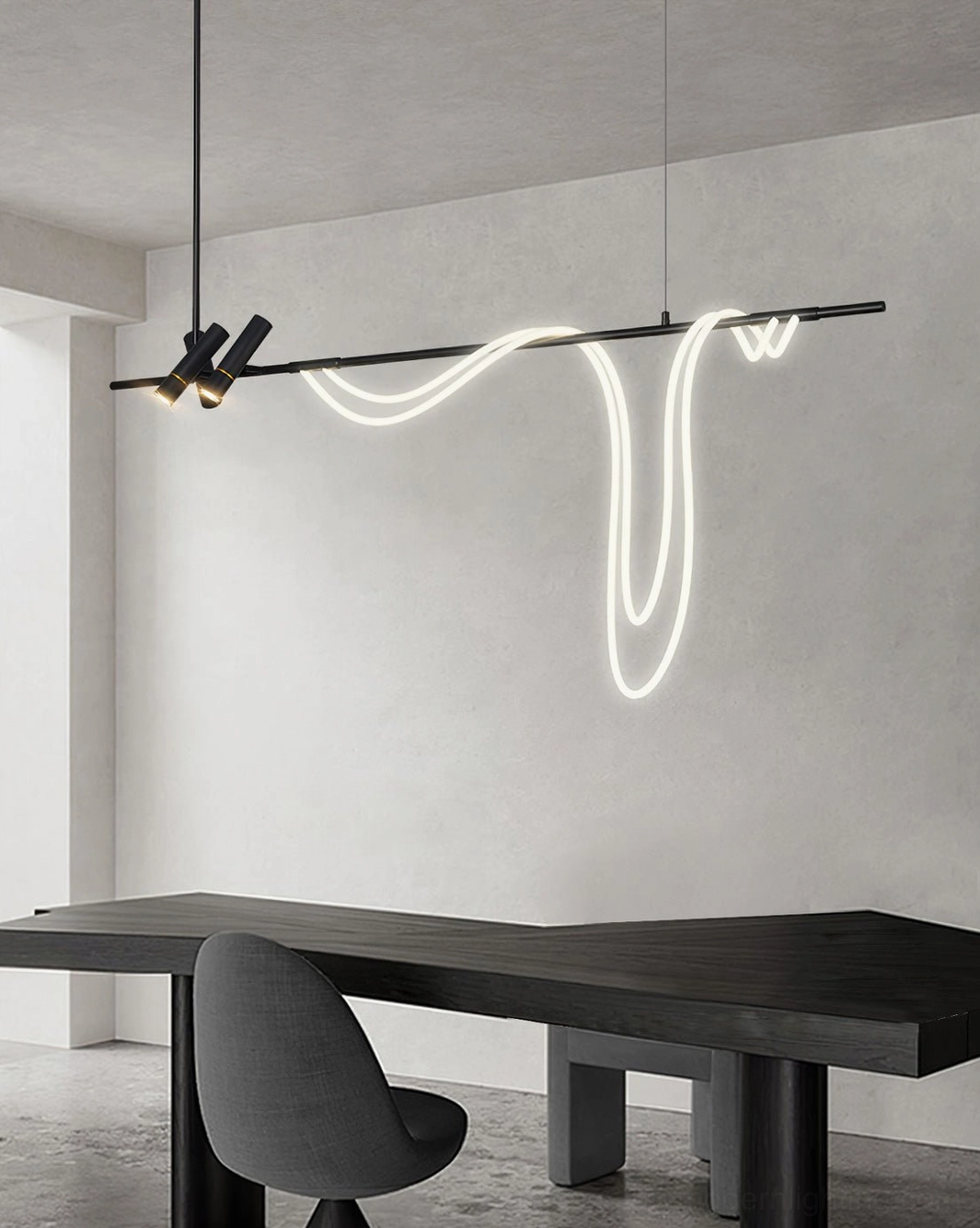 Side view of modern curved LED chandelier with flowing warm white neon light and matte black linear rod