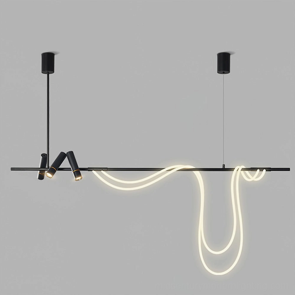 150cm medium tracer linear LED chandelier with flowing neon light and matte black finish in modern interior