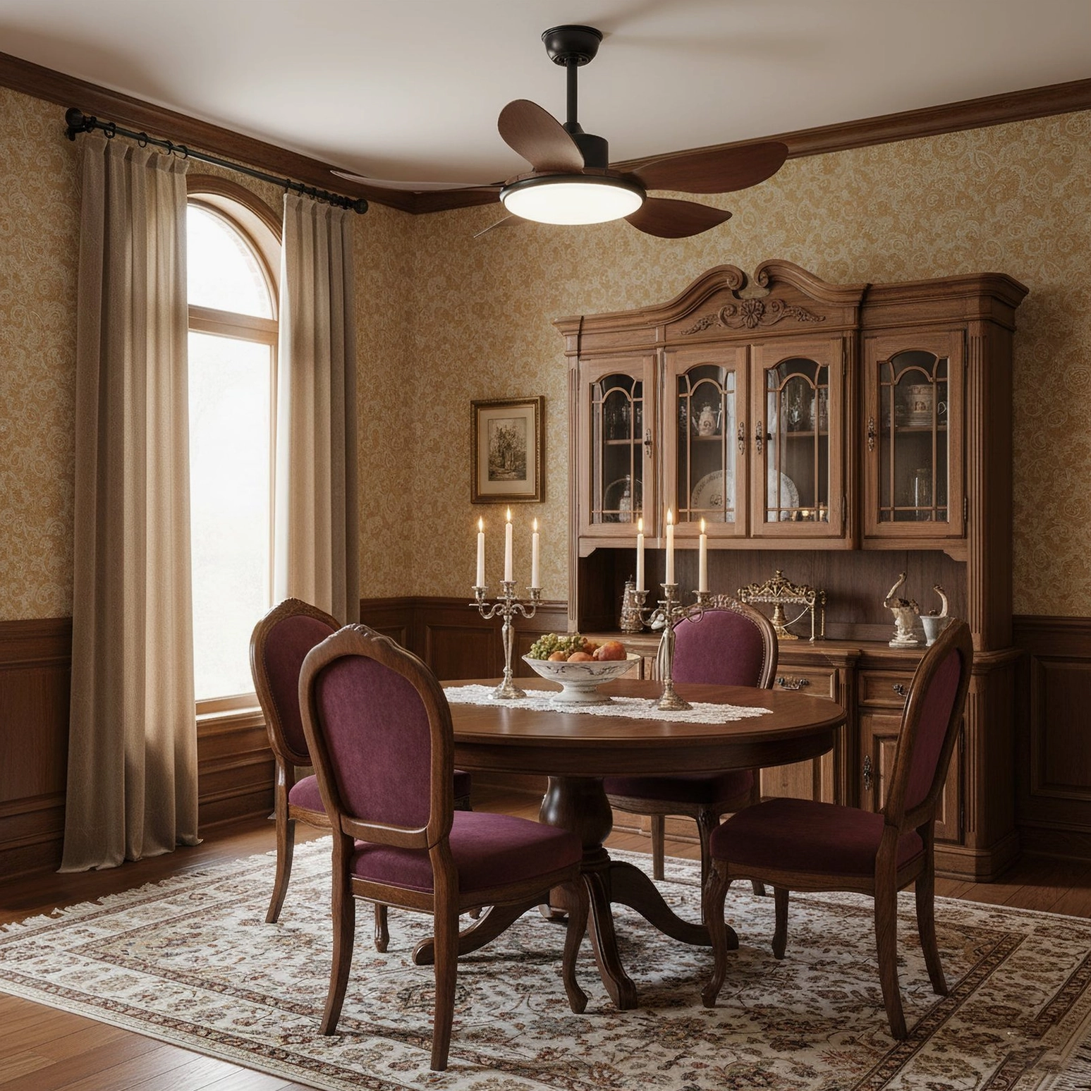 Contemporary ceiling fan light in traditional colonial dining room with display cabinet - eye-level indoor view
