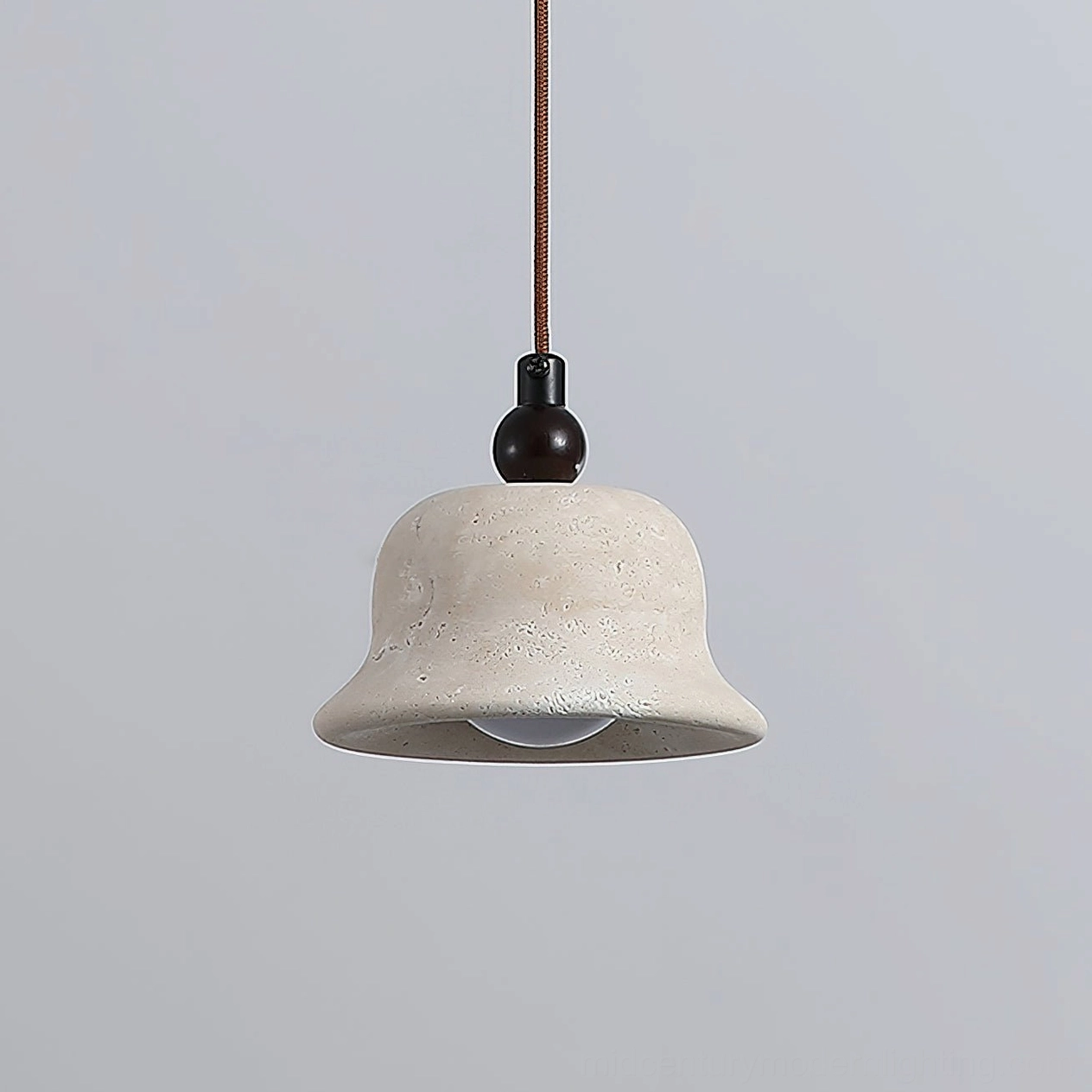 Travertine bell pendant light with black hardware and woven cord detail