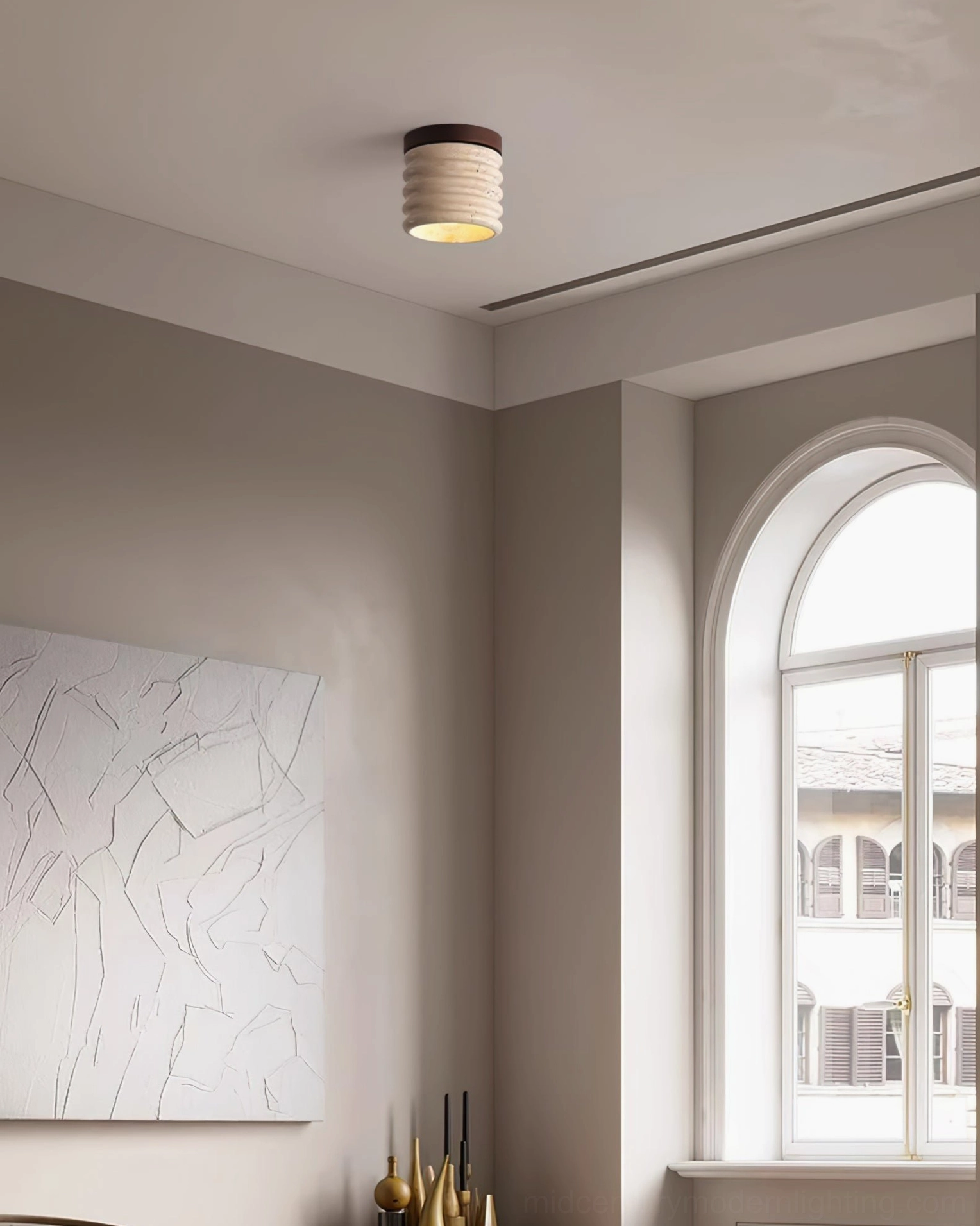 Travertine ceiling lamp in living space accent lighting, contemporary stone fixture